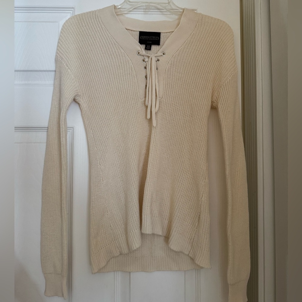 Dry Goods Cream V-Neck Sweater with Lace-Up Detail